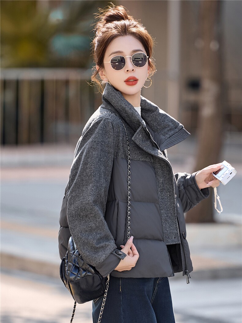 冬装时尚新款毛呢拼接90白鸭绒短款加厚羽绒服外套,女装羽绒服,姿衣坊