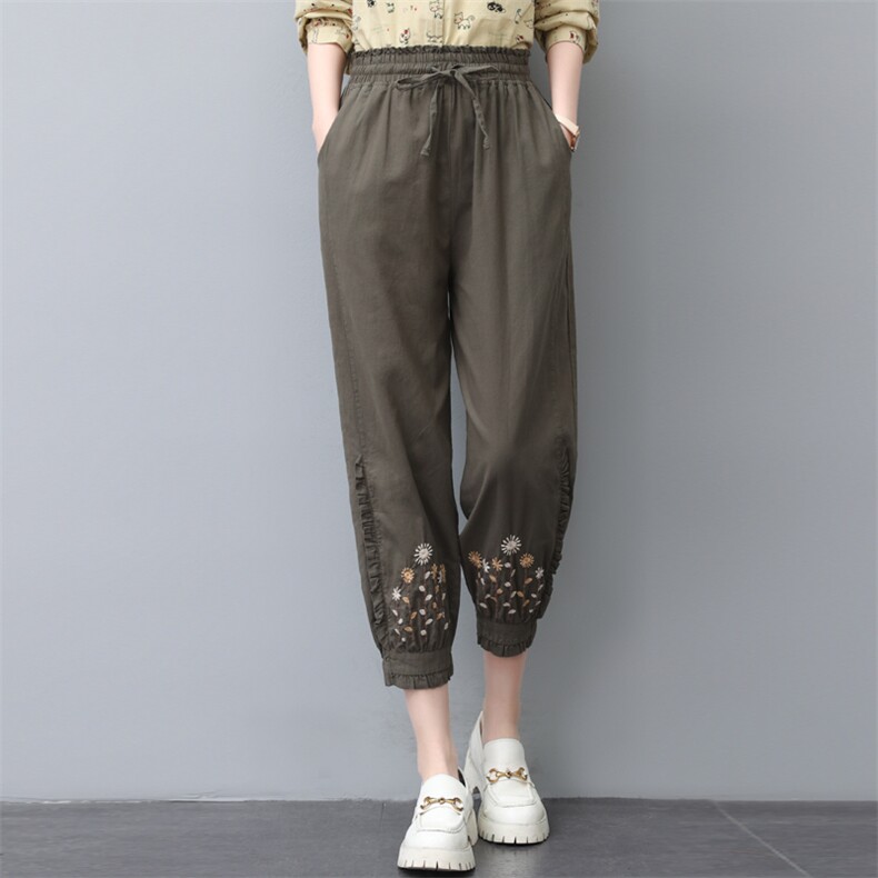 休闲裤女秋装2022新款韩版时尚刺绣松紧腰抽绳显瘦长裤潮，女装大码女装，奕阳依阁