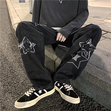 刺绣牛仔裤男春季ins高街宽松五角星拖地裤直筒阔腿裤子N1191-p45，男装牛仔裤，星座1008-1