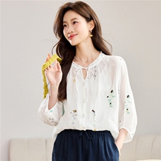 2026春秋季苎麻时尚简约大方气质优雅刺绣休闲透气衬衫，女装衬衫，独衣靓