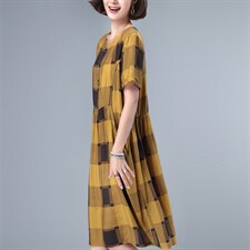夏装新款中长款连衣裙女大方格两侧大口袋宽松显瘦，女装连衣裙，涵誉