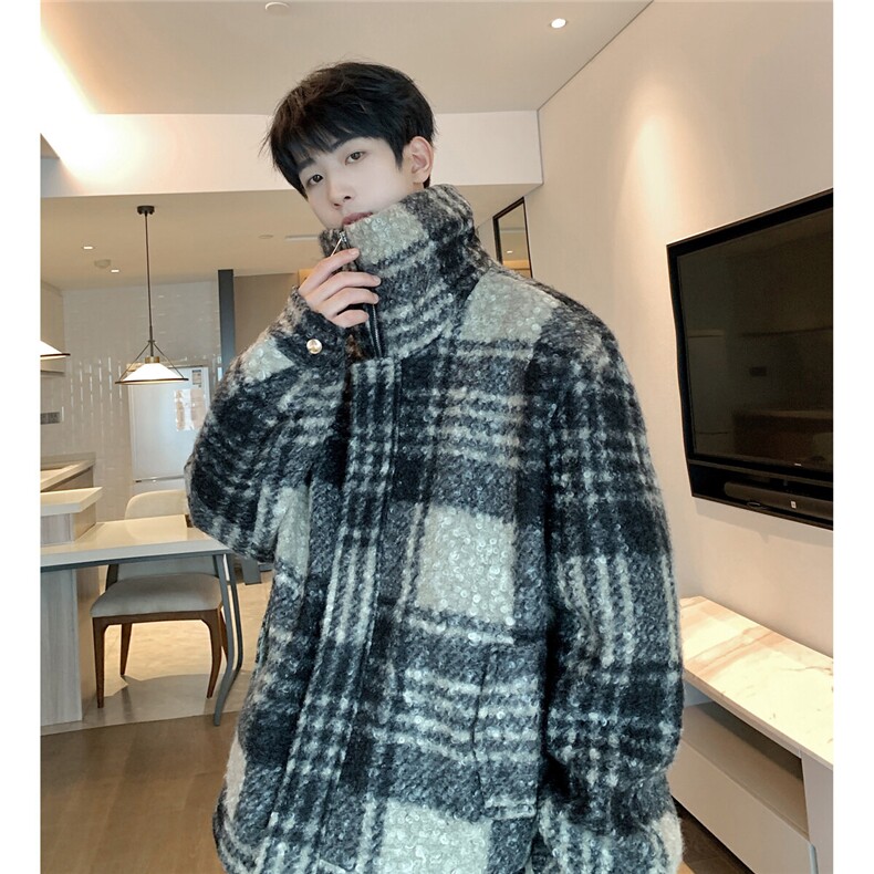 小香风格子毛卷呢美式外套潮系大高领上衣837p115,男装夹克,电商A458A
