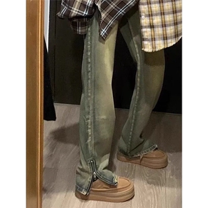 欧美vibe风解构设计感小众牛仔裤男高街微喇cleanfit图片