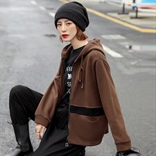 2020冬装新款时尚加绒连帽卫衣开衫外套，女装卫衣/绒衫，深水步