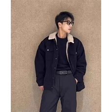 黑色羊羔绒工装牛仔外套男冬季美式加厚保暖棉服潮牌短款翻领夹克，男装工装外套，星座813-2