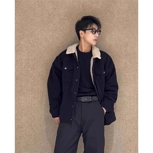 黑色羊羔绒工装牛仔外套男冬季美式加厚保暖棉服潮牌短款翻领夹克图片