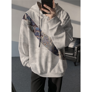 WY10200-特批40 春季新款连帽设计感拼接撞色宽松大码扎染卫衣男图片