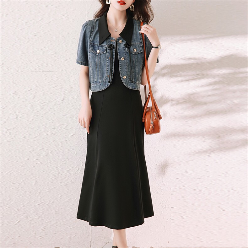 现货！牛仔两件套2024夏季新款洋气显瘦气质外套搭配背心连衣裙,女装套装/套裙,美沁