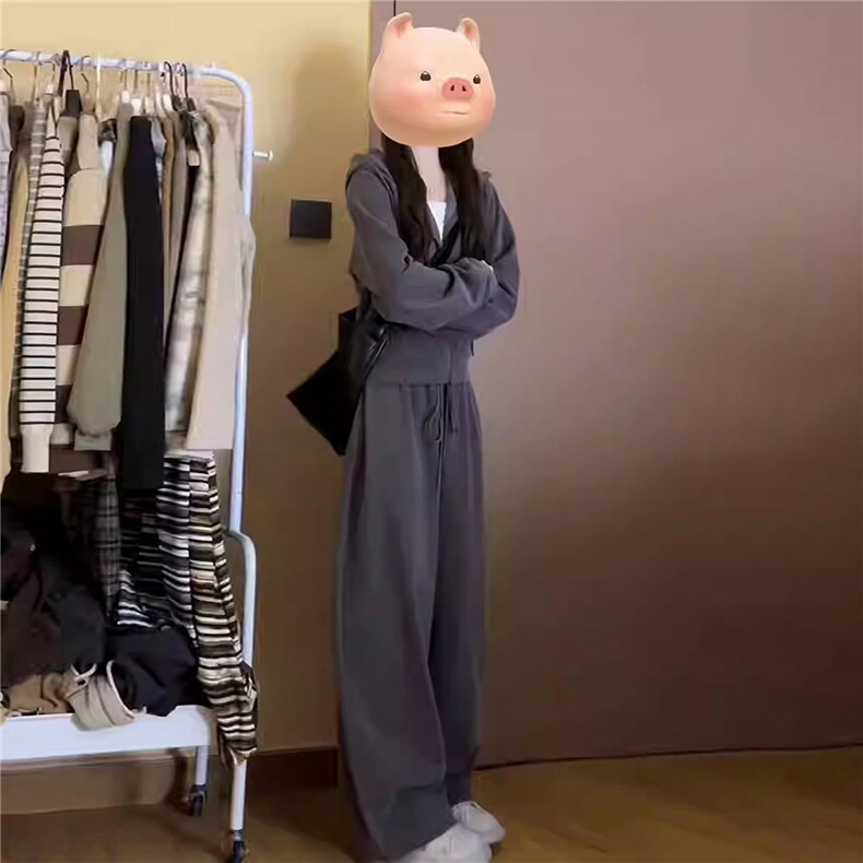 休闲时尚减龄套装女春季新款宽松显瘦灰色连帽卫衣阔腿长裤两件套,女装套装/套裙,2C310