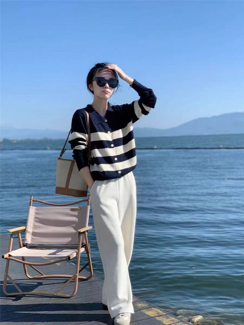 单排扣圆领羊毛长袖条纹2024年秋季针织衫,女装羊毛衫,鑫之绒