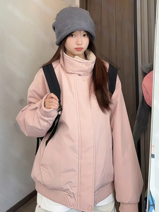 网图 羊羔毛毛领棉服派克服男女冬季2025新款立领工装棉衣外套P78图片