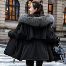 棉衣/棉服2021新款冬仿羊羔毛中长款工装带帽派克服女外套配毛领，女装派克服，瑶迪依秀