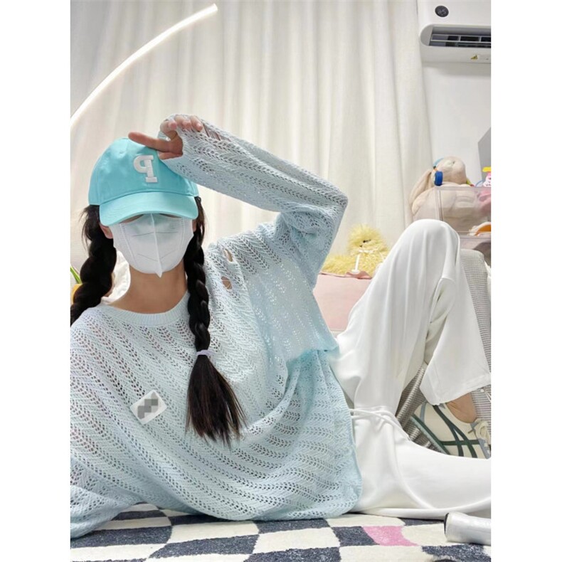 【网图】蓝色镂空外搭防晒罩衫女夏季薄款针织长袖CN01WW-特P45,针织衫/毛衣,星座1007（原301D）