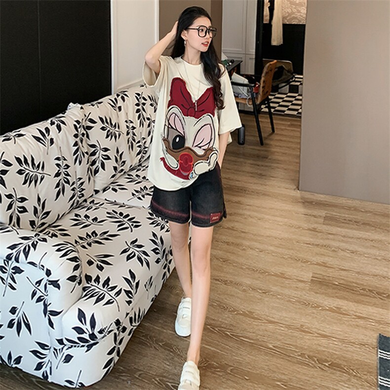 美式潮牌休闲时尚套装女夏季新款圆领短袖卡通上衣宽松短裤两件套,女装套装/套裙,江南