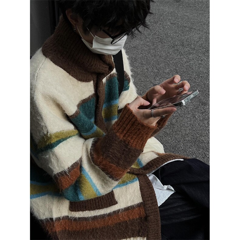 25M808-P78现货秋冬男女撞色条纹开衫毛衣秋冬保暖针织衫外套,男装针织衫/毛衣,电商B327