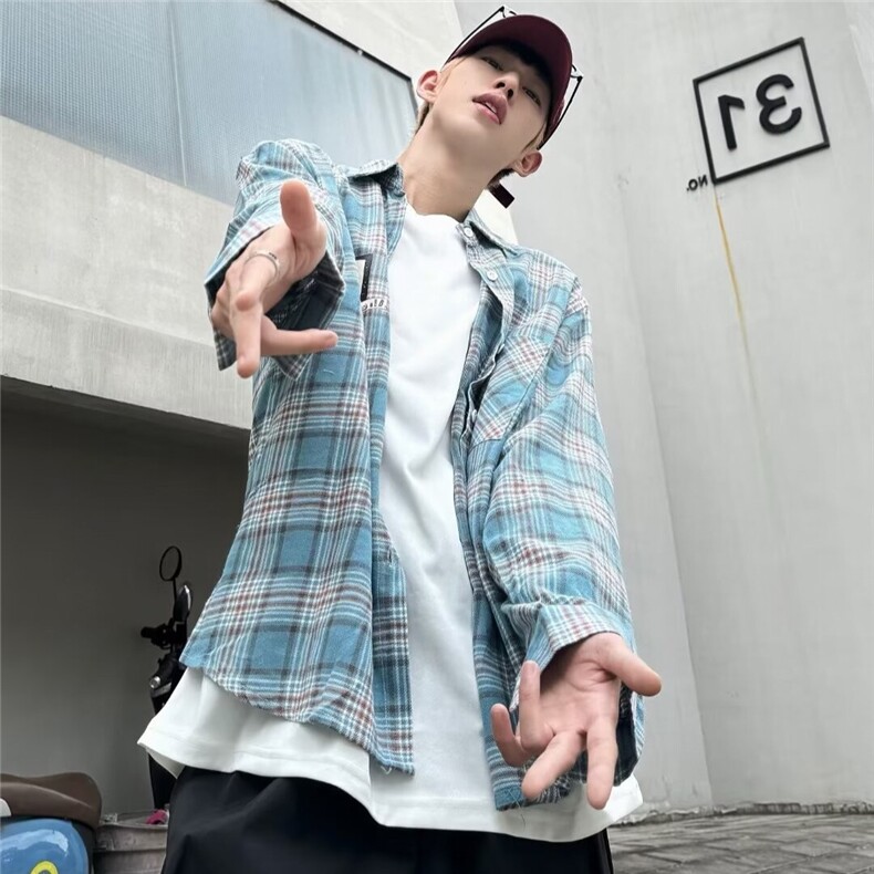衬衫长袖男生2024春季新款美式宽松翻领格子衬衣复古潮流休闲,男装衬衫,星座1013