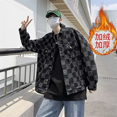 加绒加厚羊羔绒美式秋季夹克新款男时尚潮牛仔格子外套RB57P70，男装夹克，星座1116-2