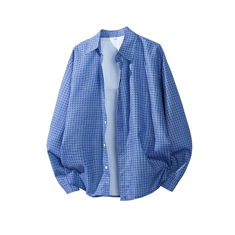 白底平铺立体长袖衬衫男夏季慵懒痞帅条纹格子衬衣外套CS29005P45，男装衬衫，电商B312