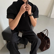 夏季美式复古拼接格子半拉链短袖t恤男女潮牌宽松休闲翻领polo衫，男装T恤，星座506A