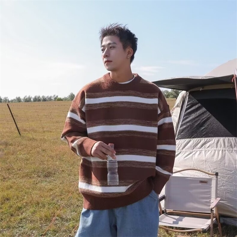 秋冬重磅撞色条纹印花圆领卫衣男美式原宿风宽松百搭潮流长袖T恤,男装T恤,星座506A