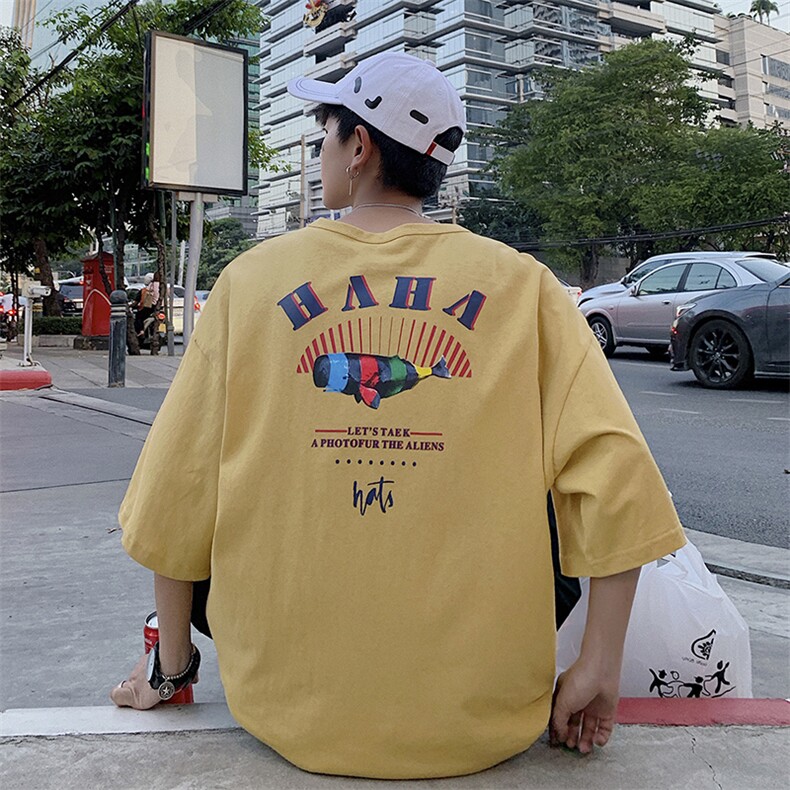 ins火潮流半袖T恤情侣上衣2021夏季新款五分袖打底衫DS344T，男装T恤，电商A102