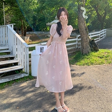 法式复古刺绣蝴蝶结连衣裙女2025夏季新款时尚收腰显瘦气质长裙子，女装连衣裙，2D075