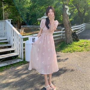 法式复古刺绣蝴蝶结连衣裙女2025夏季新款时尚收腰显瘦气质长裙子图片
