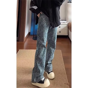 浅蓝色字母提花满印牛仔裤男款美式潮牌修身弯刀微喇A2122-P46