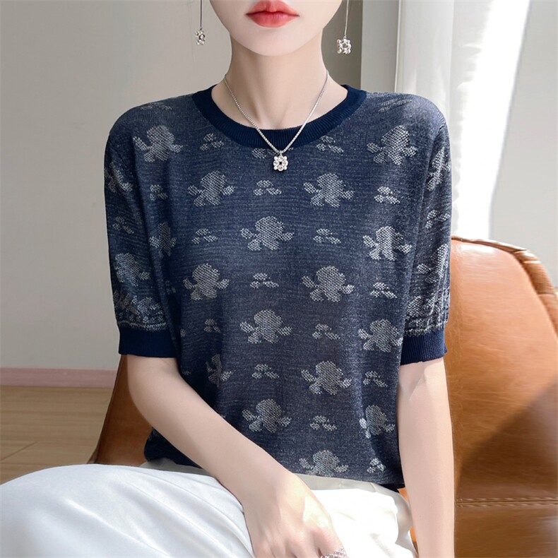 夏季新款天丝提花圆领短袖女宽松百搭显瘦时尚休闲上衣,针织衫/毛衣,暖娇绒