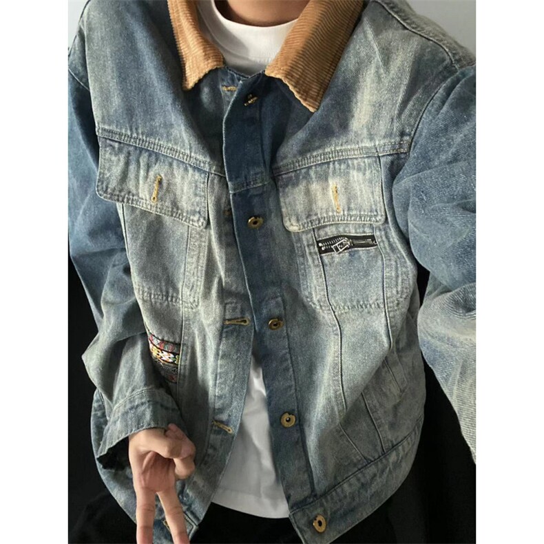 时尚百搭新款灯芯绒翻领撞色拼接牛仔外套慵懒气质原宿简约潮流，男装工装外套，星座506A