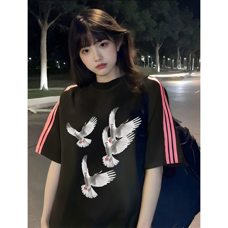 抖音得物品质二开240克宽松纯棉美式潮牌印花三条杠中性风短袖T恤,男装T恤,电商A486-1