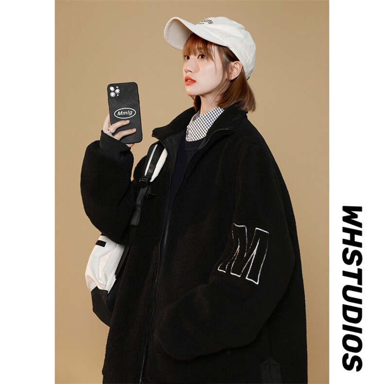 秋冬季新款夹克男士潮牌ins羊羔绒宽松大码加绒加厚休闲上衣外套，男装棉衣，电商A409-1