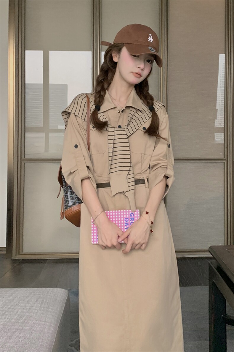 《新款新品》长袖收腰显瘦条纹披肩配腰带衬衣领休闲连衣裙,女装连衣裙,唛多