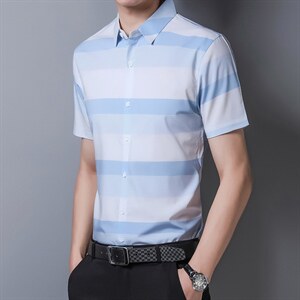 新品短袖衬衫男装夏季新款中年男士休闲条纹短袖商务休闲打底衬衣