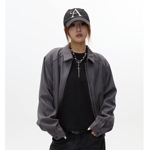 现货短款夹克外套男春秋款高级感痞帅垫肩翻领正肩棒球服-网图图片