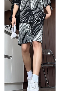 1冰丝水墨短裤男短袖衬衫男套装男M-5XL大码TZ78713P50控98模特图图片