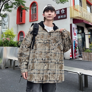 C877-P55 M-6XL秋季新款大码美式复古宽松连帽衬衫外套图片