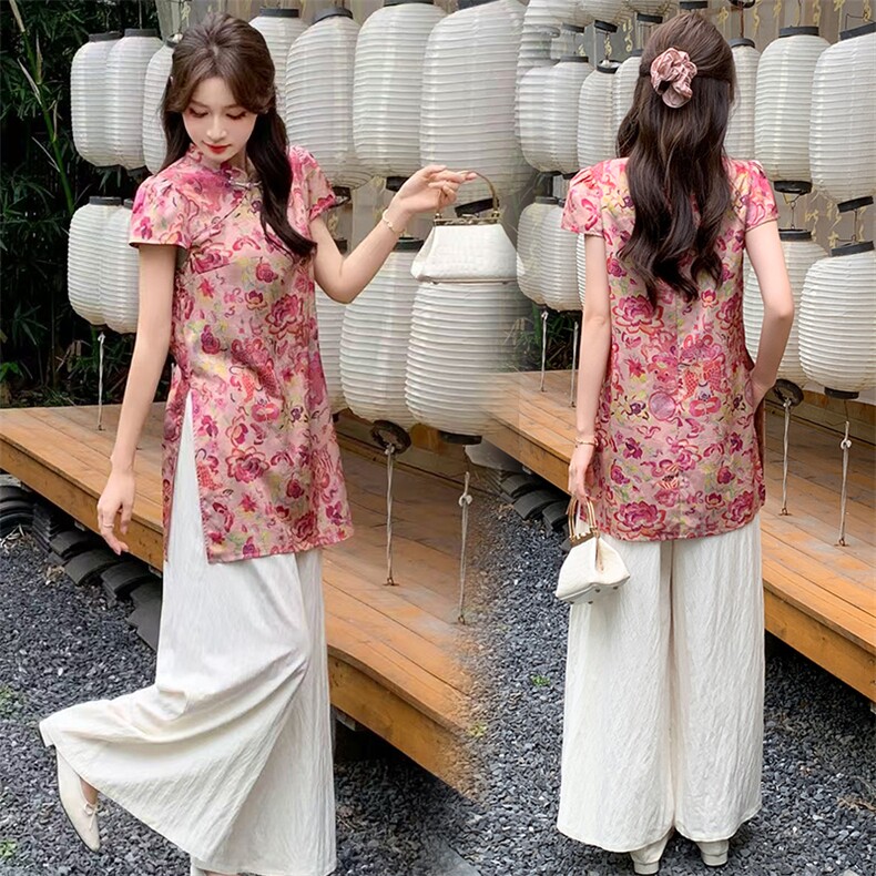 慕未家J夏装新款立领打褶中长上衣松紧腰短裤时尚国风套装熹58298，女装套装/套裙，玖莱伊