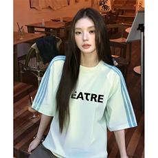 抖音得物品质二开240克宽松纯棉美式潮牌印花三条杠中性风短袖T恤，男装T恤，电商A486-1
