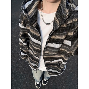 美式复古毛呢条纹开衫连帽卫衣外套男女慵懒风情侣休闲帽衫WY38,女装短外套,星座516A