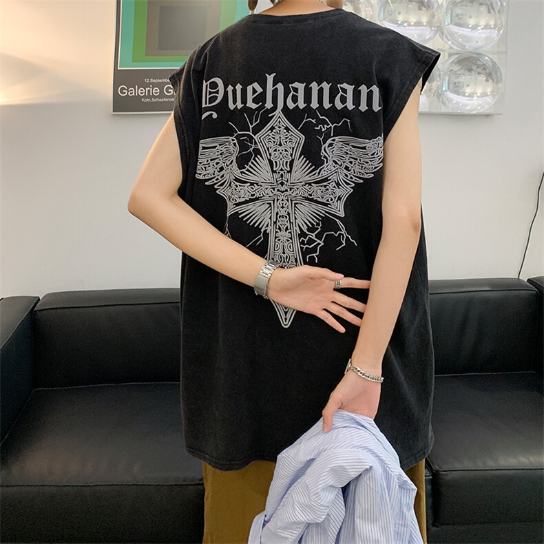 抖音供货、260克现货水洗棉印花宽松版无袖背心D223A-BX2213-P35,男装背心/马甲,电商019-1