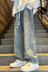 wassuphappy牛仔裤男春秋季潮牌美式水洗运动裤夏款阔腿休闲裤子，男装牛仔裤，电商A022