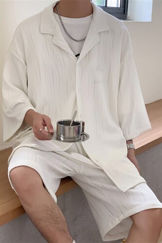 TZ65759/P75高品质冰丝短袖衬衫短裤套装男潮宽松大码两件套控108图片