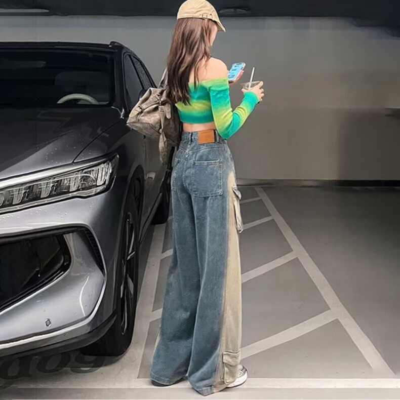 2025新款重工立体口袋美式复古水洗黄直筒工装酷帅牛仔裤女阔腿裤,女装牛仔裤,星座218-8