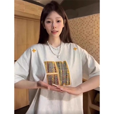 藏青色刺绣高级感情侣款重磅短袖T恤男女春夏季美式复古半袖上衣，男装T恤，星座506A