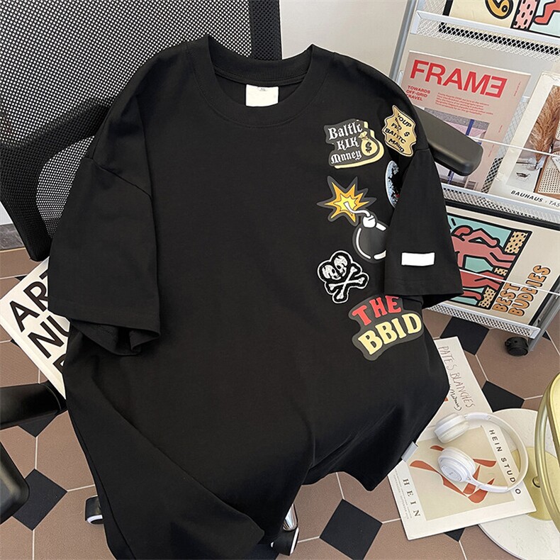 美式复古卡通涂鸦短袖t恤男款夏季重磅纯棉半袖RT3054P40,男装T恤,星座1013-1