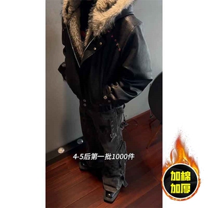 现货冬季美式潮牌痞帅PU皮机车服棉衣毛毛绒狼王座山雕皮棉服图片