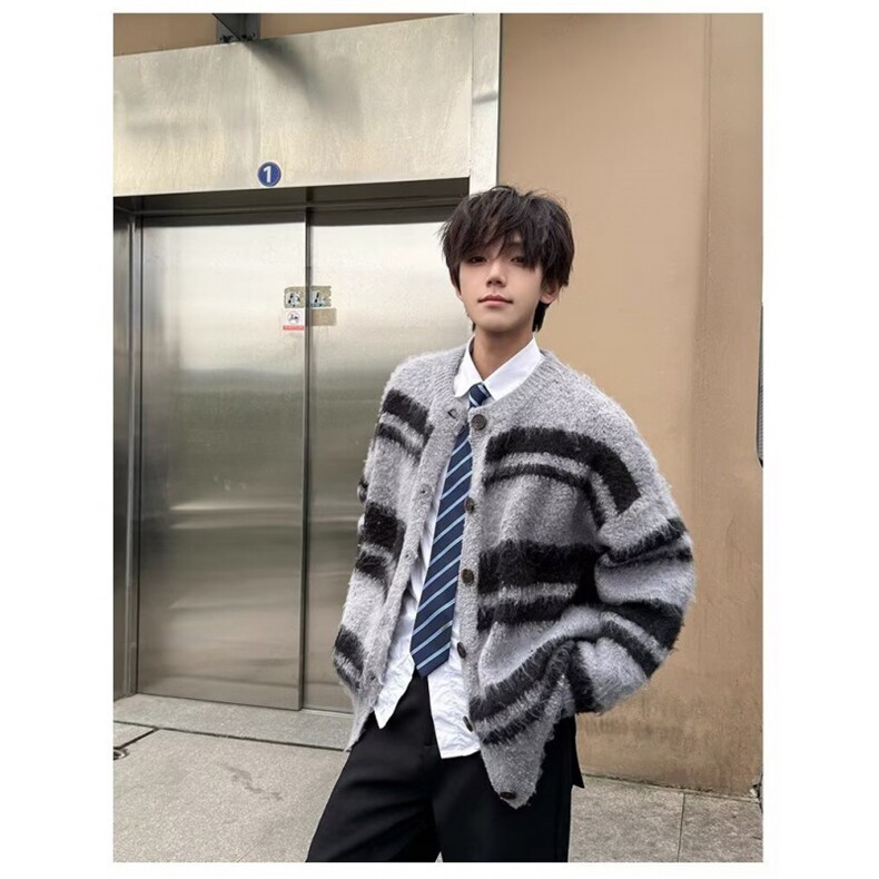 7386-P60秋冬复古渐变慵懒风条纹开衫针织衫外套男女潮牌宽松,男装针织衫/毛衣,电商B323A