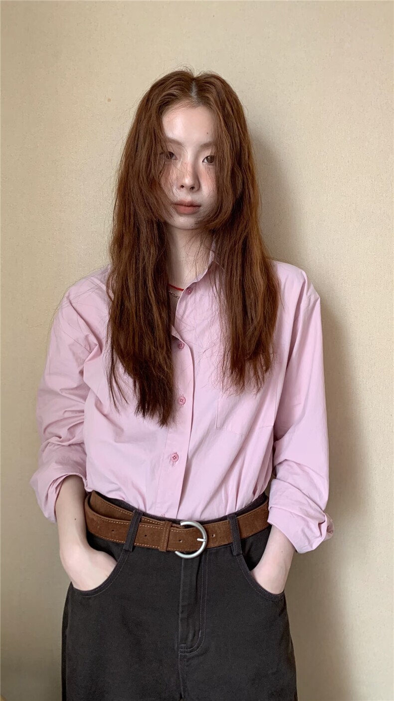 高智感烟粉色~秋季气质通勤百搭经典款纯色长袖衬衫,女装衬衫,湘姗