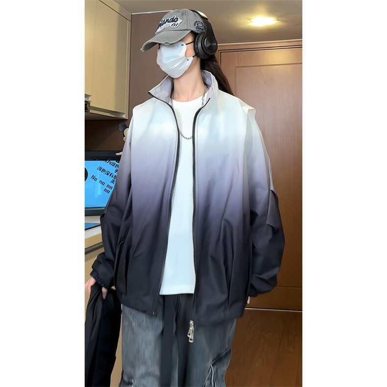 渐变防水冲锋衣男女秋冬季小众设计感情侣外套松弛感穿搭立领夹克,男装夹克,电商B371